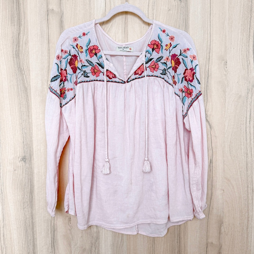 Ruff Hewn Womens Embroidered‎ Blouse Size 1X Pink Peasant Boho Cottage Romantic